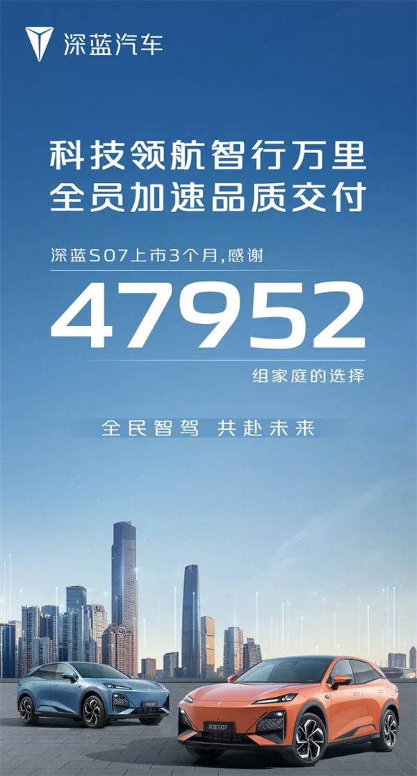 华为智驾加握！深蓝S07上市3个月销量达成47952台